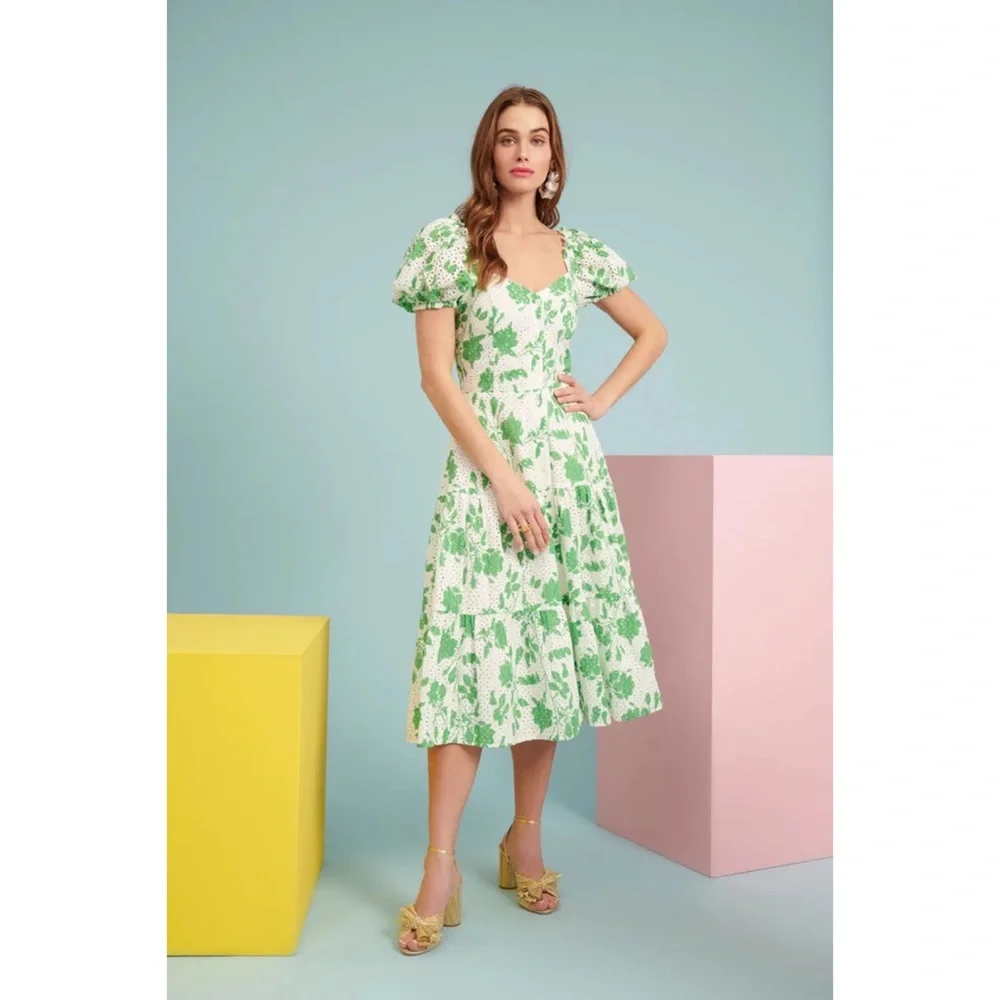 Rachel Parcell | Stencil Floral Eyelet Puff Sleeve Midi Dress Foliage Green - Picture 1 of 12